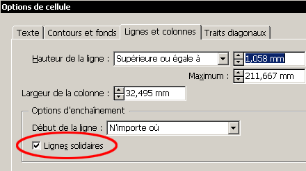 Activation des “Lignes solidaires” au niveau des options de cellule.