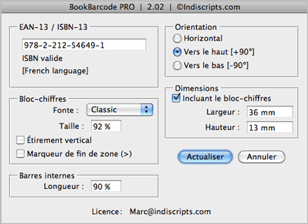 Interface française de BookBarcode Pro (Mac OS)