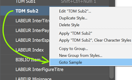 Just right-click a style item in the panel and select Goto Sample in the popup menu.