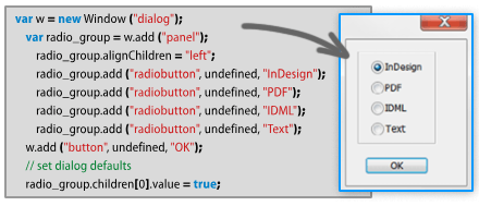 Coding even simple dialogs (left) without having visual feedback (right) is not a cakewalk. (Example taken from “ScriptUI for Dummies”.)